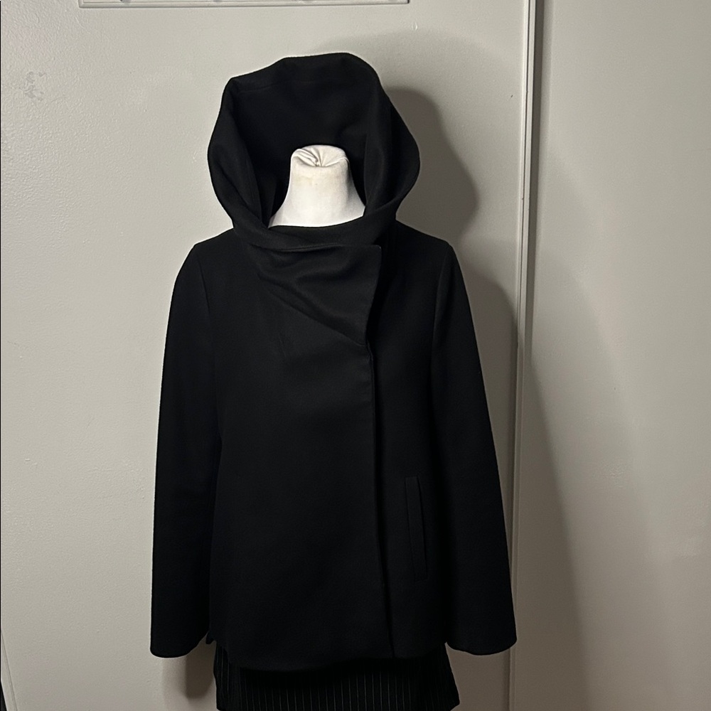 Zara Basics Stylish Black Wool Blend  Short Style Cold Weather Hooded Coat